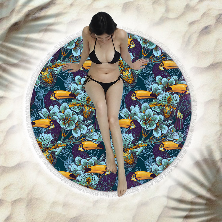 La fibra impresa redonda de la toalla de playa de la fuente directa de la fábrica con las borlas siente suave puede ser arena antiadherente de la playa de la imagen