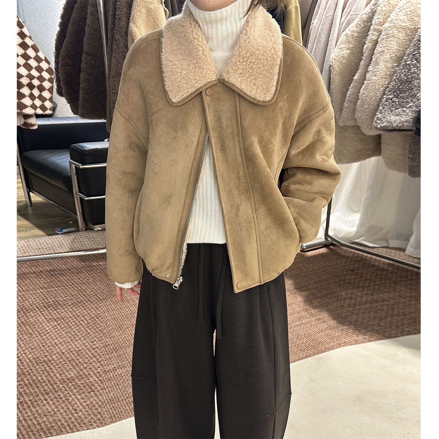 2026 New Suede Jacket Korean Style Lamb Fur All-In-One Short Motorcycle Jacket Leather Jacket for Women Winter Petite