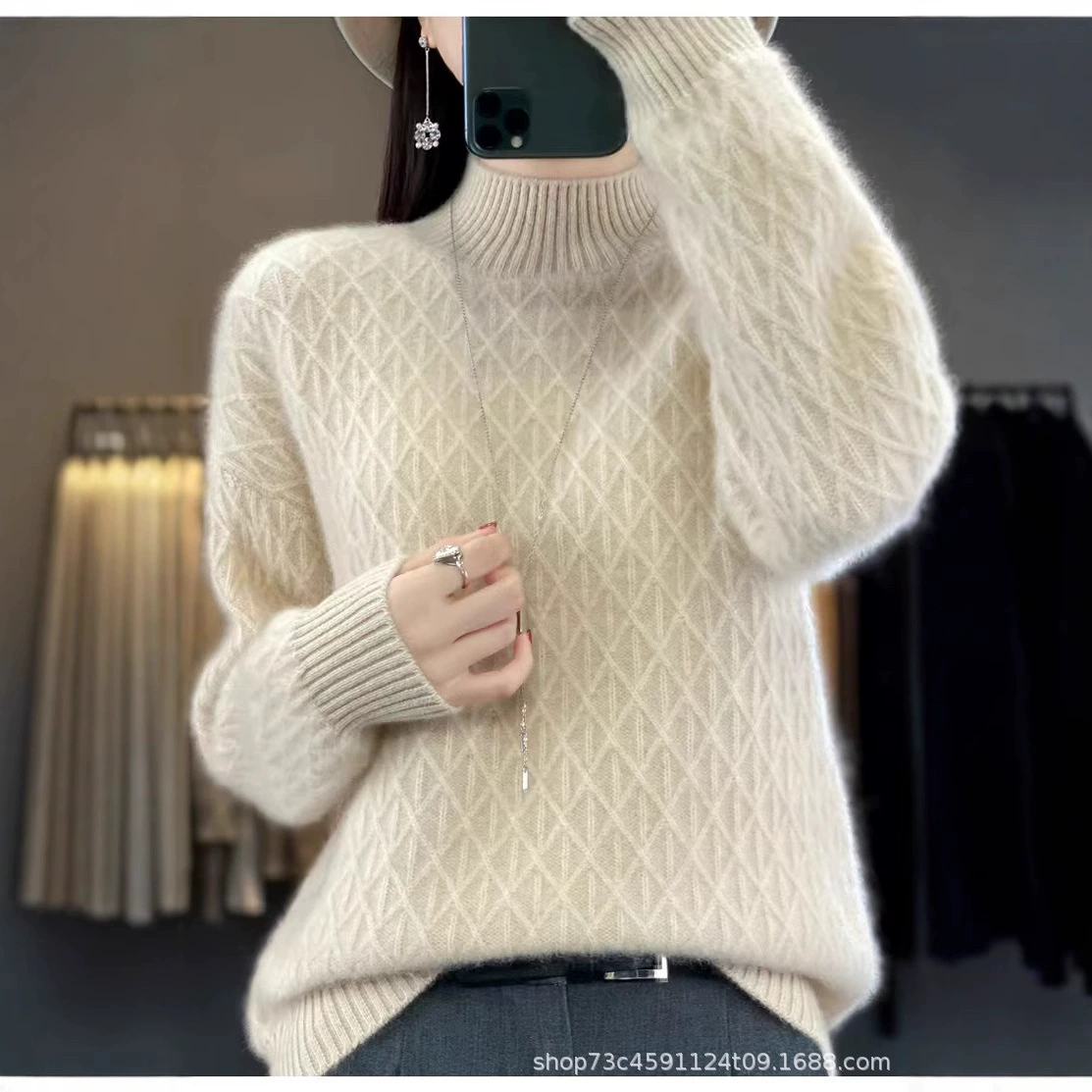 2023 осень-зима новый чистый шерстяной толстый свободный полувысокий воротник ромб пуловер женский кашемировый свитер