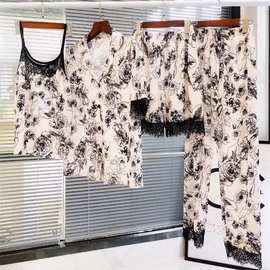 蔷薇花冰丝睡衣四件套国风水墨画蕾丝边大码家居服套装休闲可外穿