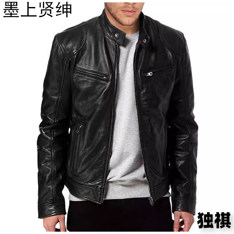 Chaqueta de cuero delgada de cuello alto de gran tamaño 2023 para hombre con cremallera, decoración de bolsillo, ropa de cuero de pu, ropa de motocicleta PY31 especial P55