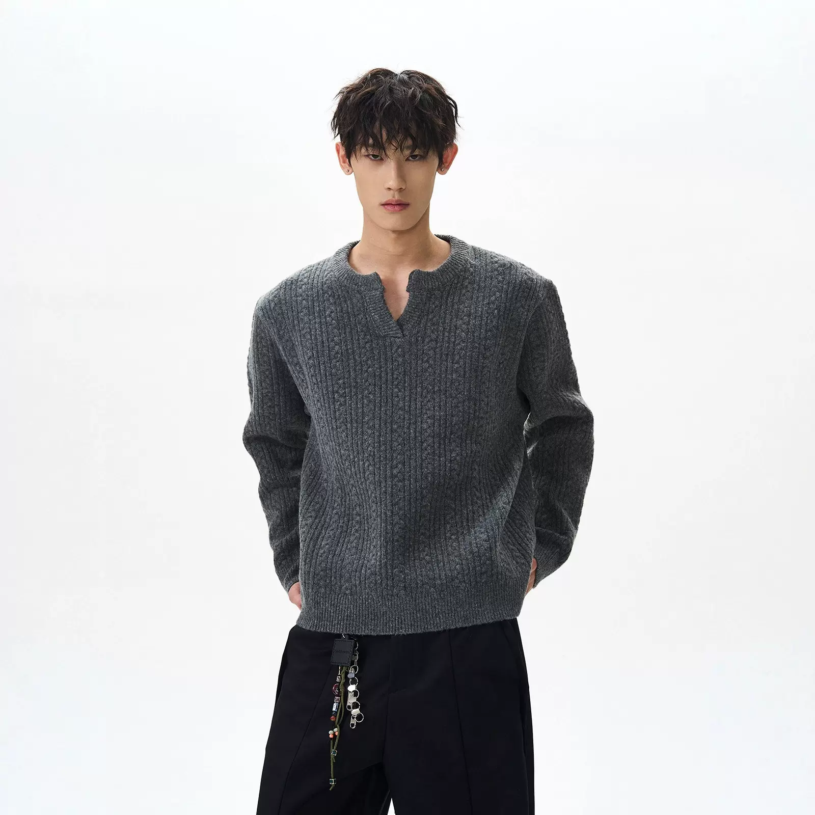 美式高街cleanfit麻花纹毛衣男新款休闲慵懒巴恩风复古针织衫上衣