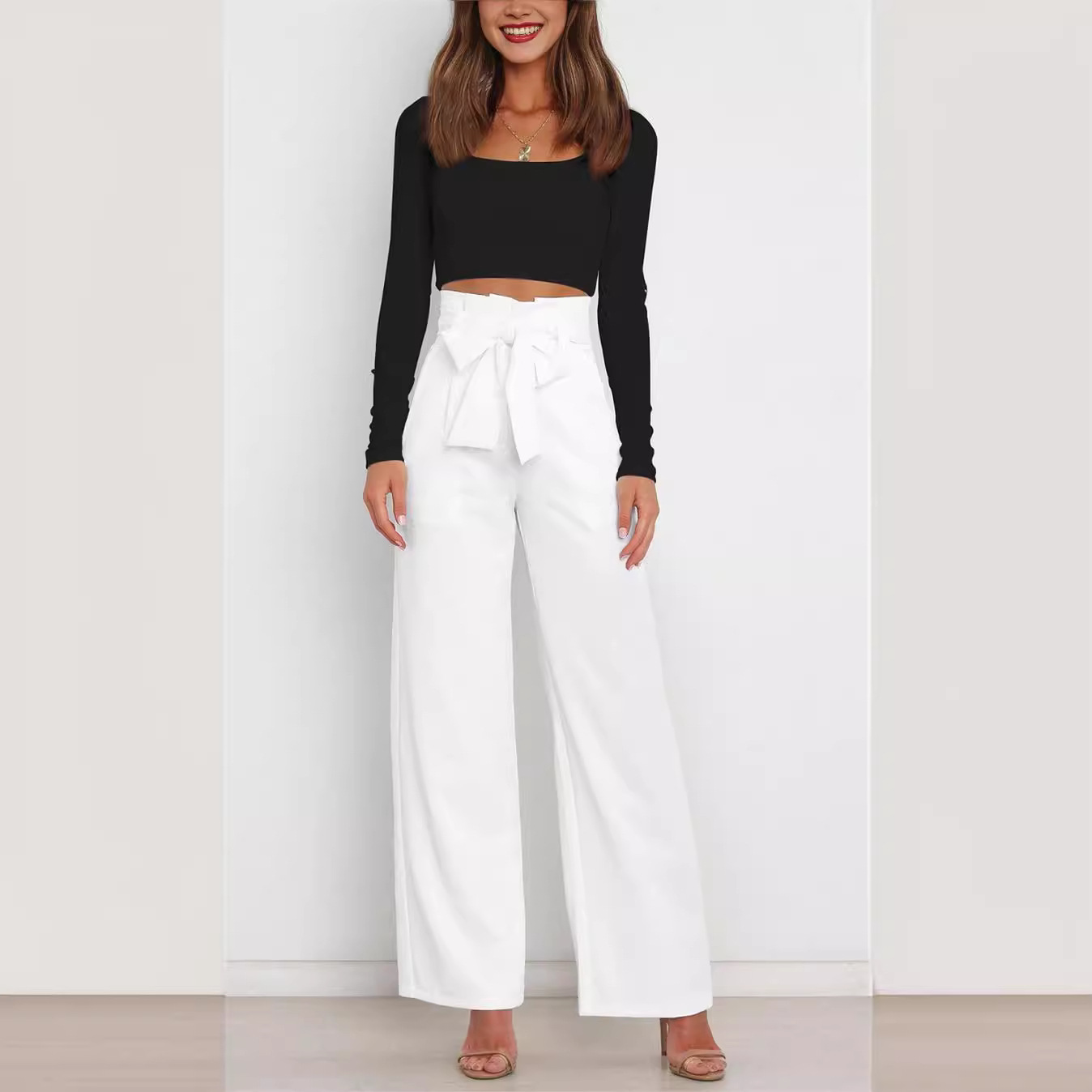 2023 primavera y verano europeo y americano nuevo lugar de trabajo moda casual para mujer Pantalones anchos de pierna con cordones pantalones de verano