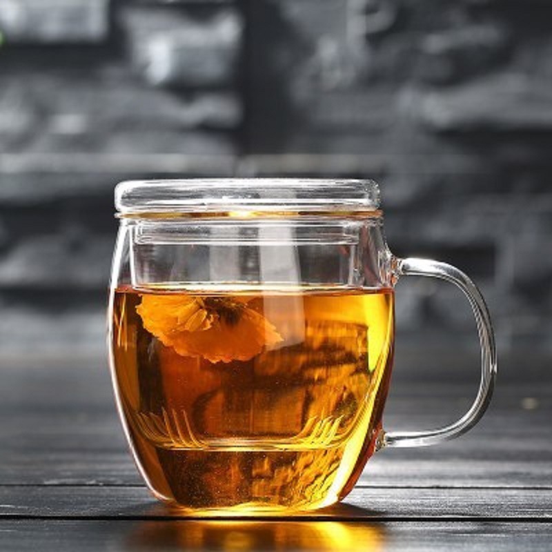 Vidrio taza de té de vidrio con mango flor taza de té redonda taza divertida taza de tres piezas taza de té taza de agua de oficina con tapa