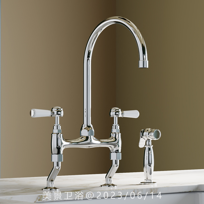 。 French-Style Retro All-Copper Bridge-Type Double-Hole Double-Open Kitchen Sink Hot and Cold Rotatable Gold Faucet