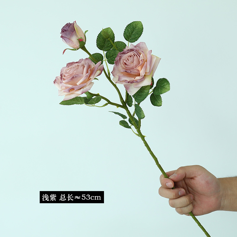 法式3头焦边玫瑰花假花复古客厅餐桌仿真花装饰摆件插花家居婚庆|undefined