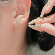 S925银针韩国满钻H字母ins小众设计新款潮高级感时尚网红耳钉耳饰