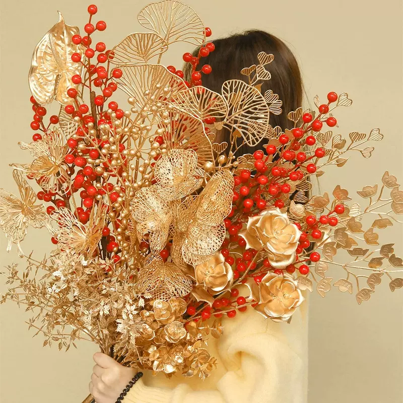 金色仿真花年宵花批发尤加利红果扇叶假花家居装饰新年福桶抱抱桶