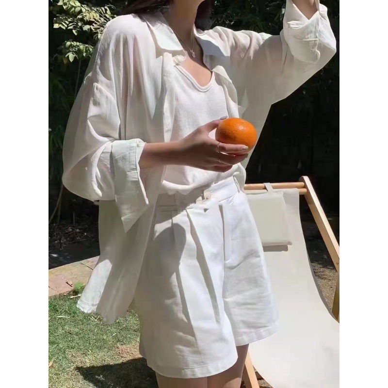 재고 텐셀 셔츠 여성의 여름 새로운 디자인 틈새 간단한 느슨한 게으른 스타일 단색 캐주얼 셔츠