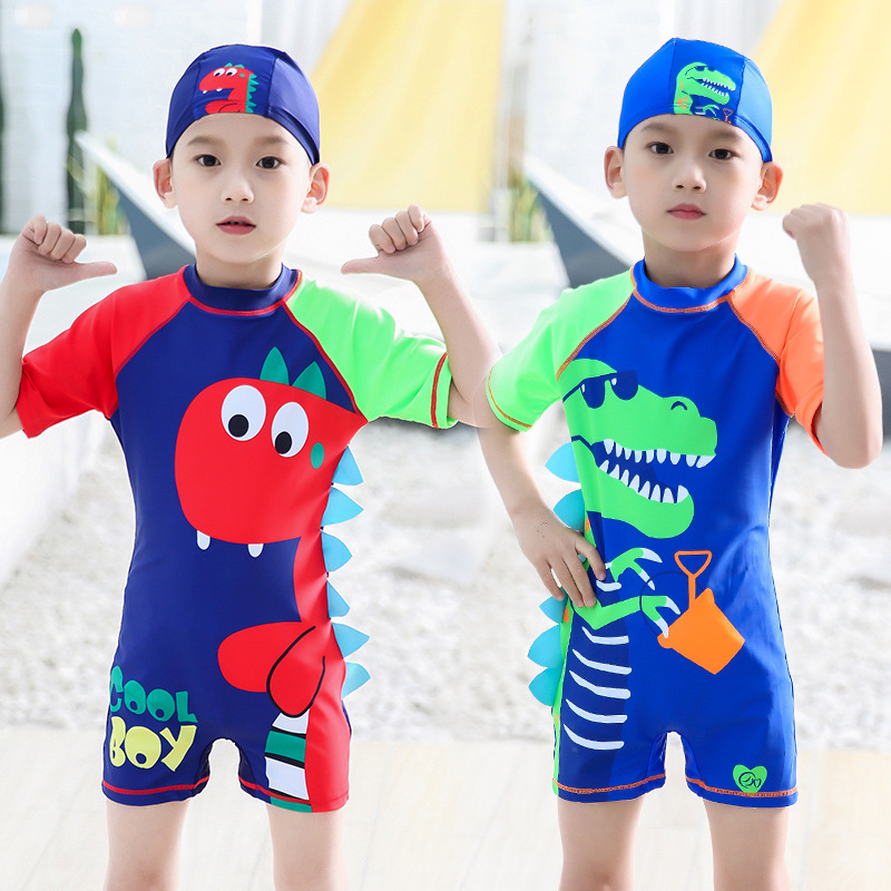 Children's Swimwear Boy's Cartoon Dinosaur Sun-proof Quick-drying One-piece Children's Medium and Big Children's Nylon Swimwear Quick-drying Swimwear with Swimming Cap
