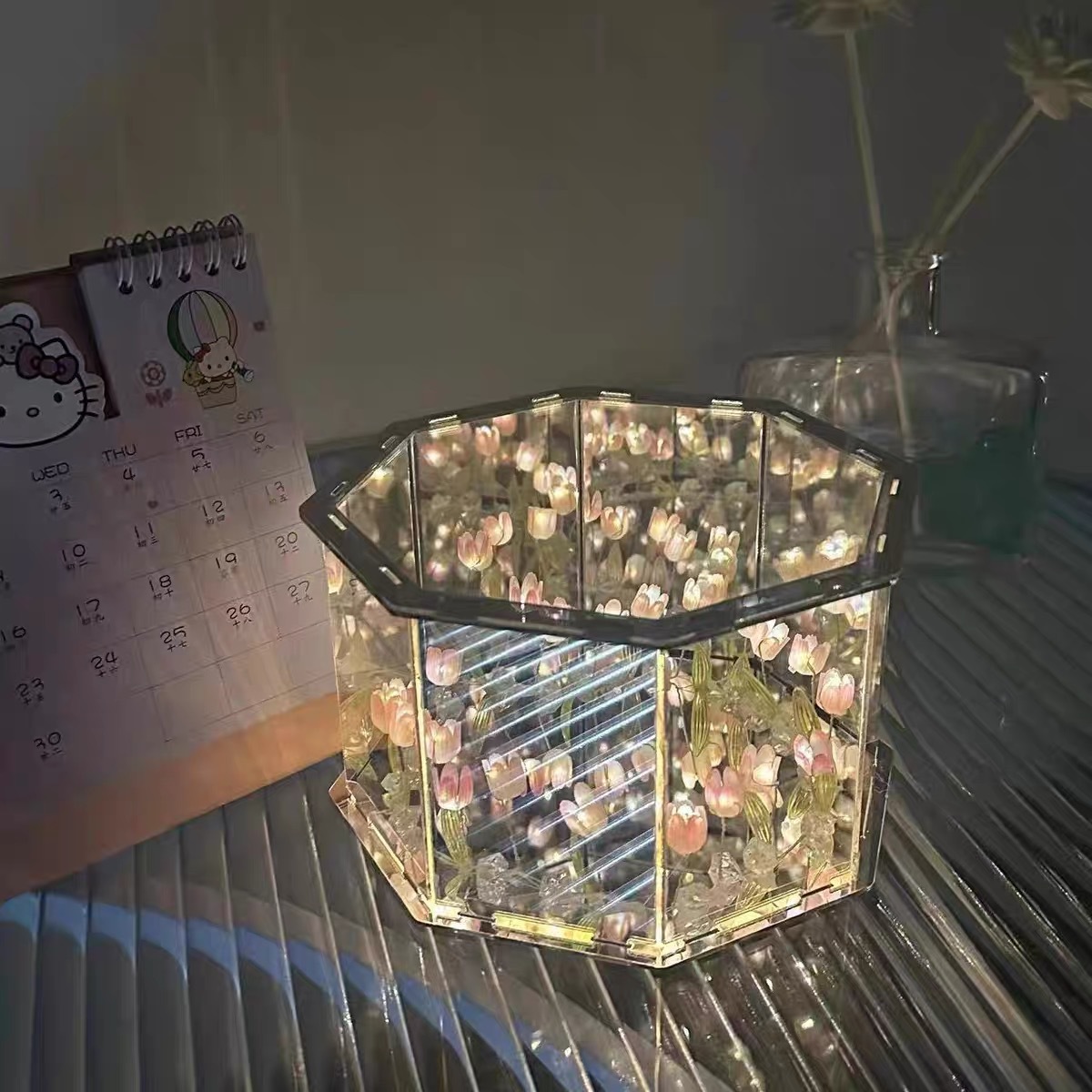 Diy hecha a mano caja de música tulipanas lámpara de noche mariposa rosa mar material paquete para regalo de día de San Valentín