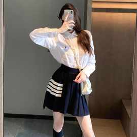 TB女士夏季新款百褶裙休闲百搭显瘦短裙经典四杠针织百褶裙