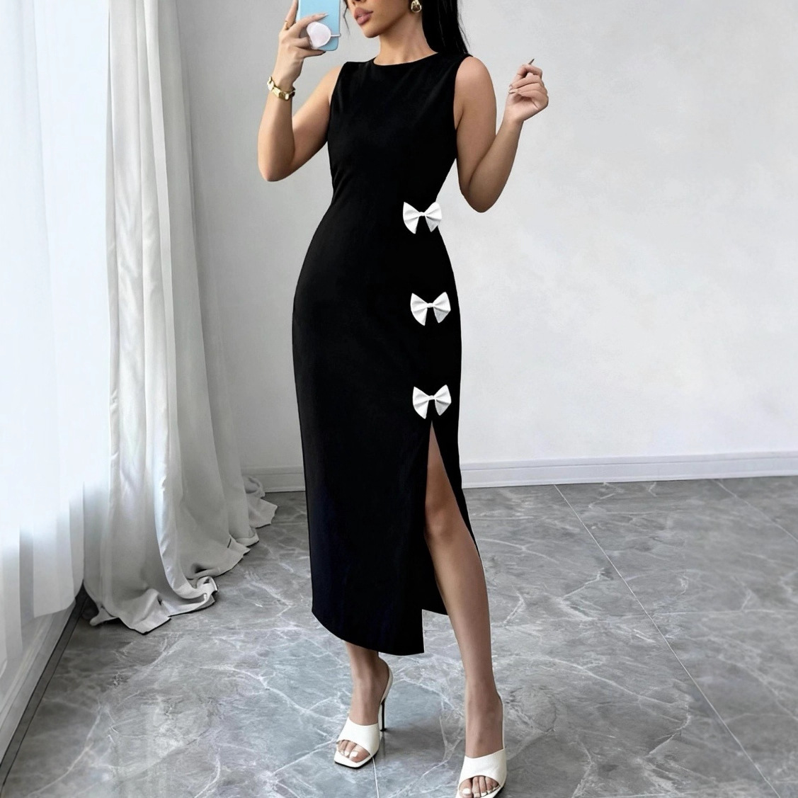 Elegant Knit Maxi Dress With High Slit – Stretchy Bodycon Long Dress For Women (Black, S-XL)_ecoleips.com