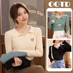 Real shot in stock autumn and winter New breastfeeding thickened sweater postpartum slim slimming lapel nursing bottoming knitted top