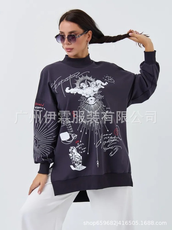 2025跨境欧美印花秋冬新款气质百搭开衩罗纹圆领长袖加绒卫衣女|undefined