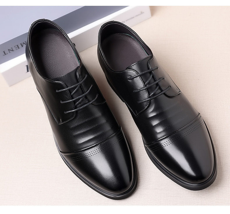 Giày da nam công sở da bò thoáng khí tăng chiều cao 6 cm — Màu đen, Độn cao màu đen chi tiết 24