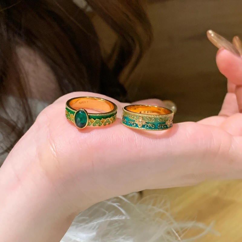 French Vintage Enamel Carved Open Ring For Women Palace Style_voghion.com