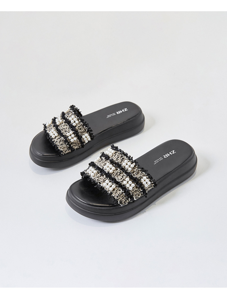 Dép sandal nữ đế bệt phong cách tiên nữ đính ngọc trai — M359 đen chi tiết 26