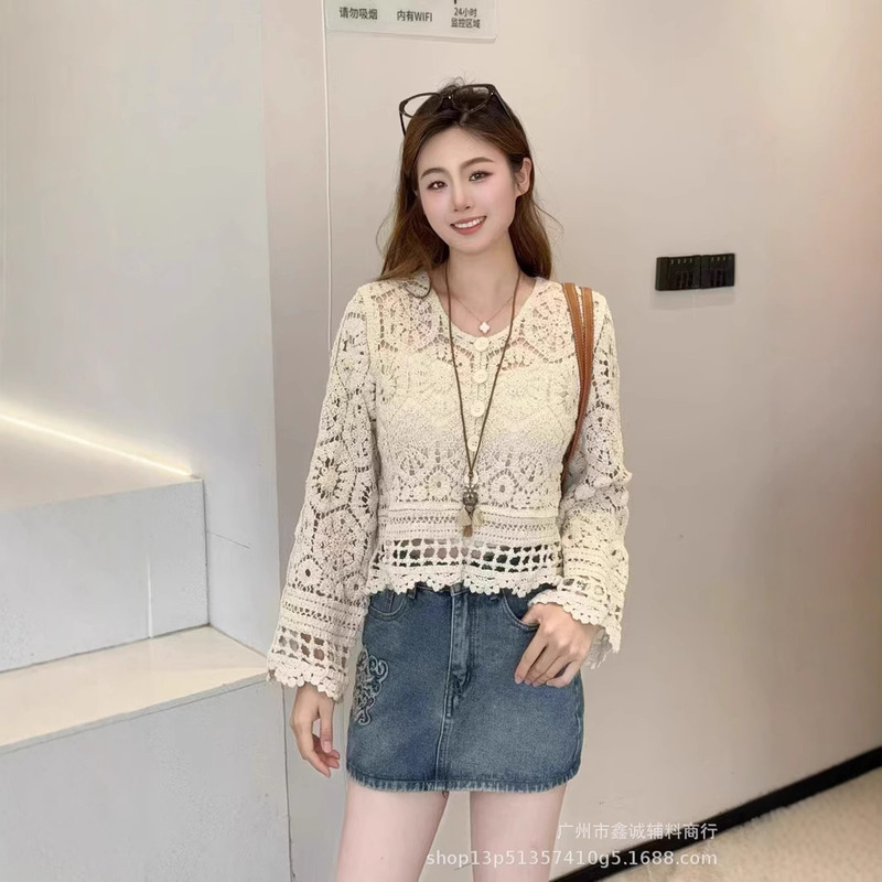 Early Spring New Gentle Style Design Sense Crochet Lace Long Sleeve Knitted Sweater Women's French Short Cardigan Thin Top