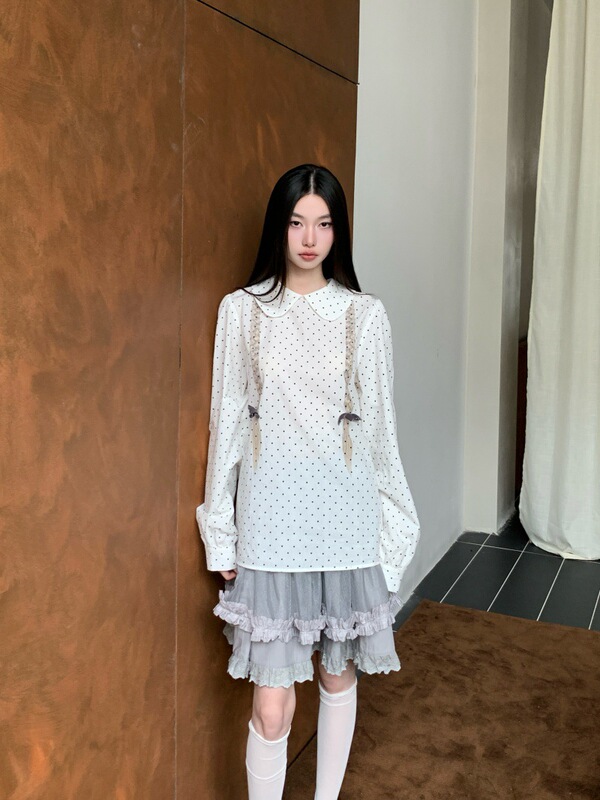 Two Braids, Polka Dot Puff Sleeves, Printed Back Placket Shirt + Double-Layer Lace Pure Cotton Bottom Fabric Gauze Skirt