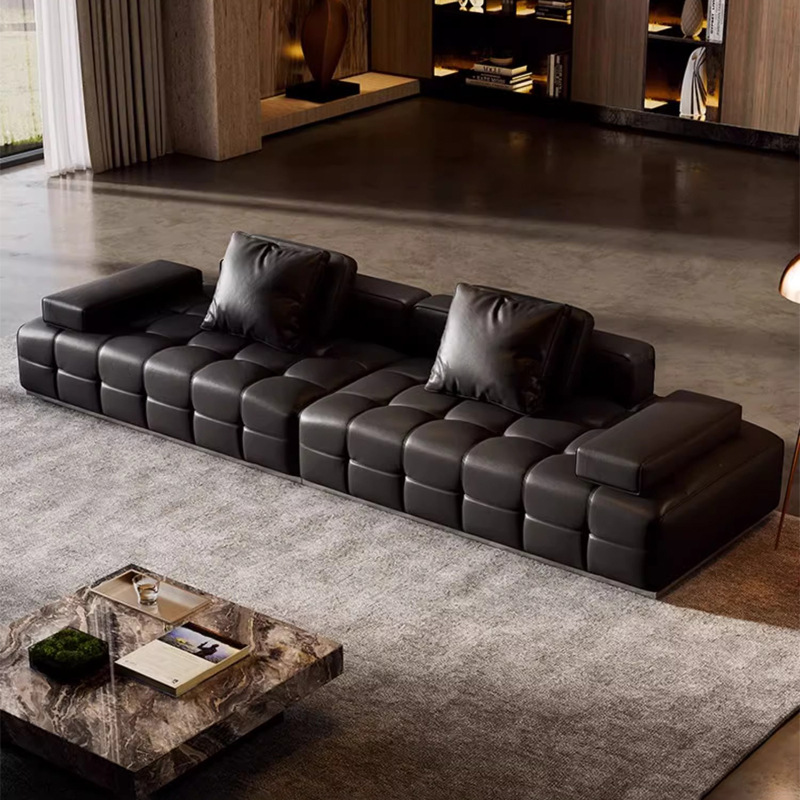 Sofá Lawrence sofá de cuero italiano minimalista sala de estar gran piso villa sala de estar recta sofá negro combinación