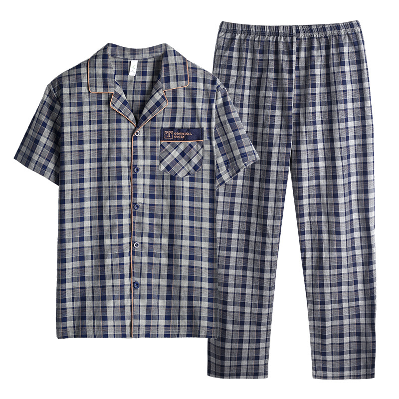 Pijamas de hombre verano Delgado 100% algodón pantalones de manga corta Cardigan a cuadros ropa para el hogar verano más traje de tamaño