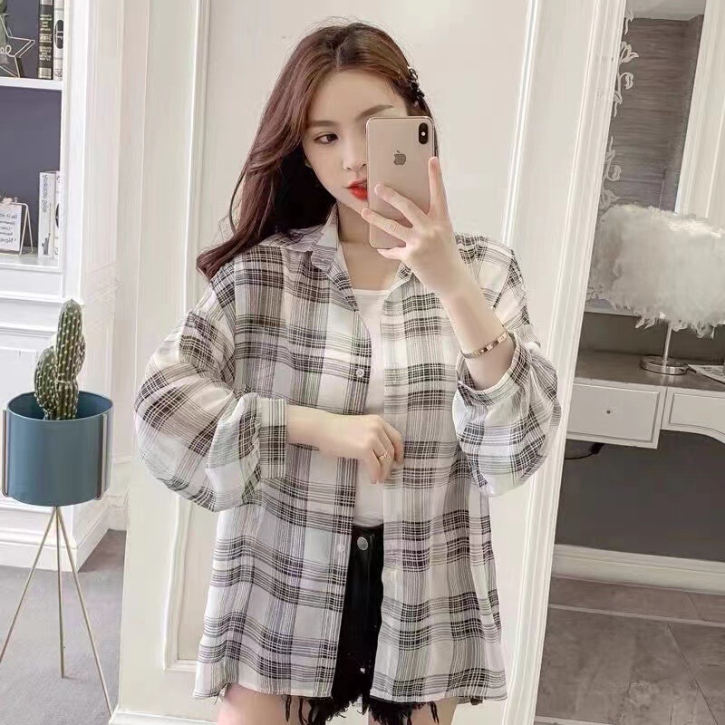 港风复古格子衬衫外套女早秋薄款休闲宽松长袖防晒衬衫设计感|undefined