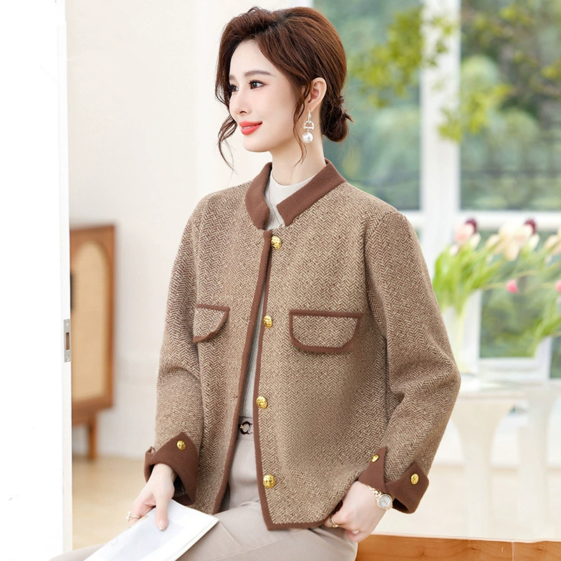 Женское шерстяное пальто для мам, новинка 2024 года, для женщин среднего и старшего возраста (40+), модный и стильный укороченный топ для весны и осени