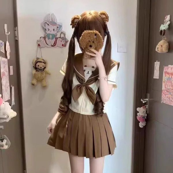 【Light Bear】Versatile Cute JK Uniform Short School Sailor Suit - Adorable Soft Girl Sweet Brown Set