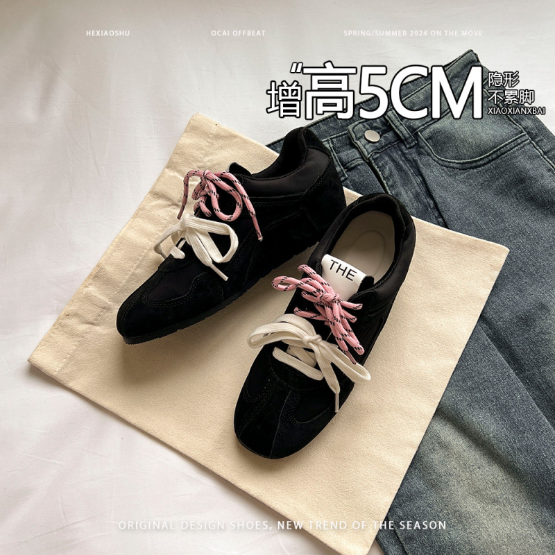 现货版~隐形内增高5CM平底休闲鞋女2025秋季新款复古拼色德训鞋|undefined