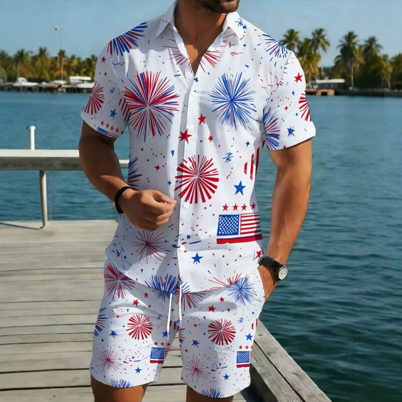 2026 new men's short-sleeve shirt and shorts set made of polyester material with American flag and fireworks design 2026 new men's short-sleeve shirt and shorts set made of polyester material with American flag and fireworks design