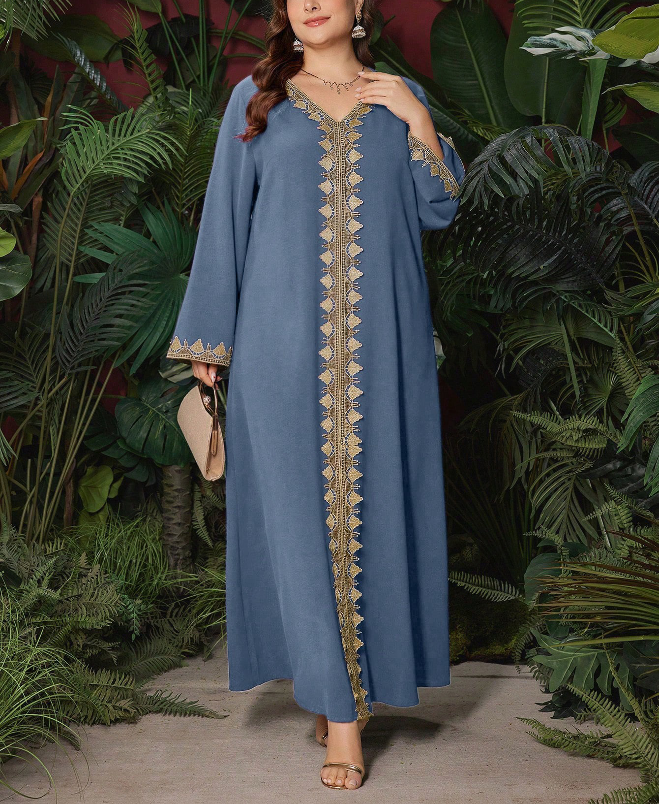 Ethno-Stil Damenkleid mit Stickerei, V-Ausschnitt, langen Ärmeln, lockerem Maxirock, Übergröße, exotische Herbstmode_voghion.com