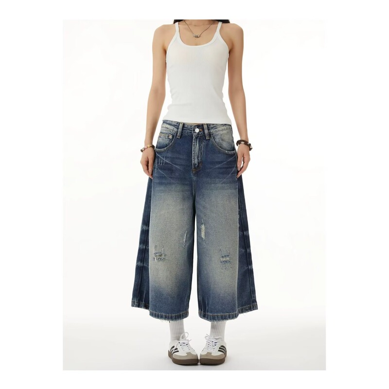 Harajuku Versatile American Retro Casual Trendy Brand Whiskered Washed Vintage Loose Wide-Leg Cropped Denim Shorts with Side Pockets