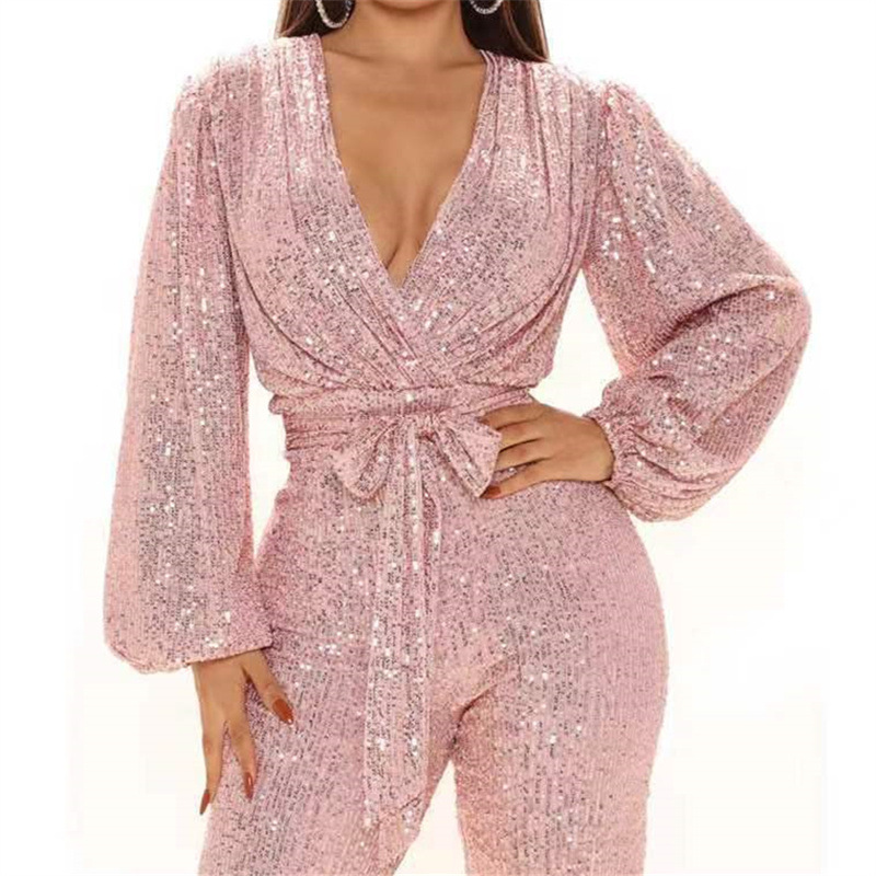 Ropa de mujer europea y americana Amazon Otoño e Invierno moda popular elegante lentejuelas pantalones de una pieza sexy cuello en V Pantalones anchos