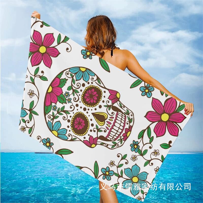 Cross-Border Skull Flower Absorbent Bath Towel Large Hand Towel Halloween Day of the Dead Microfiber Sand-Free Beach Towel