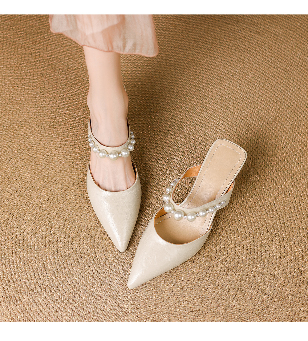 Giày sandal cao gót nữ mũi nhọn da bò, gót mảnh 9 cm, phong cách nữ thần — đen chi tiết 7