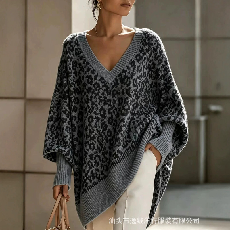 European and American cross-border leopard print V-neck sweater for women, plus size loose bat sleeve casual pullover knit top for autumn and winter European and American cross-border leopard print V-neck sweater for women, plus size loose bat sleeve casual pullover knit top for autumn and winter