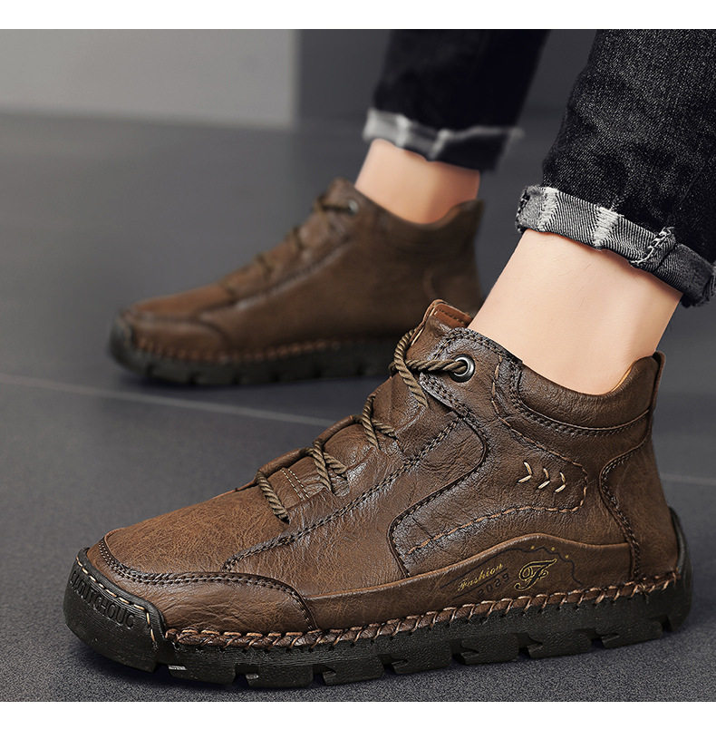 Bốt da nam cổ trung đế bằng buộc dây đường may thủ công — 9502 màu kaki, 9502 màu kaki lót lông, 9502 màu nâu sẫm lót lông, 9502 màu đen chi tiết 14