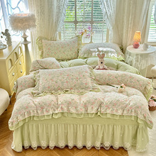 跨境ins风小碎花软糯夹棉床盖四件套双层蕾丝水洗棉花边床裙批发