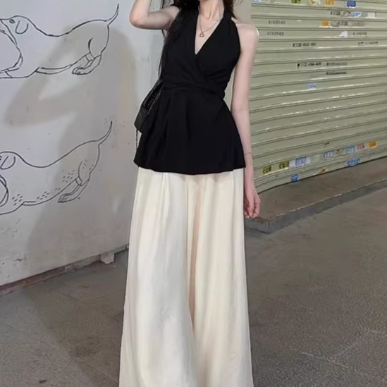 French-Style Chiffon Irregular Sleeveless Shirt for Women, Summer Design with Tie Waist, Halter Neck, Backless, Slim-Fit Tank Top