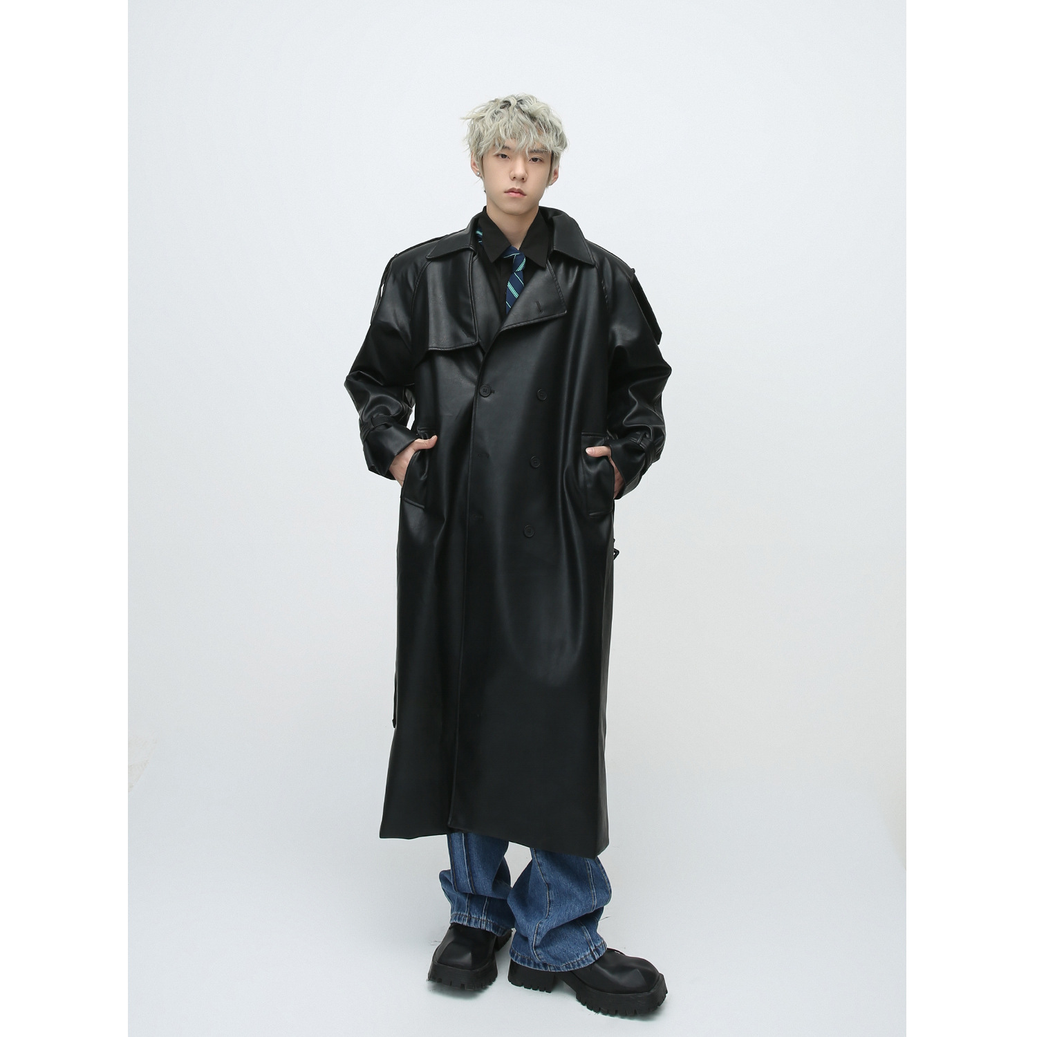 Mtlclothes ropa de Hombre | 2023 otoño e invierno nuevo vintage costura deconstrucción diseño largo trench coat cuero para hombres