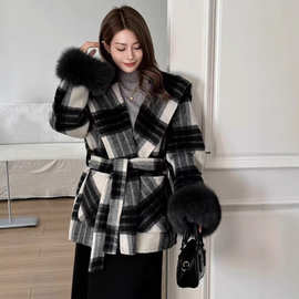 高奢时尚名媛气质格纹翻领系带羊毛大衣女毛呢外套中长款