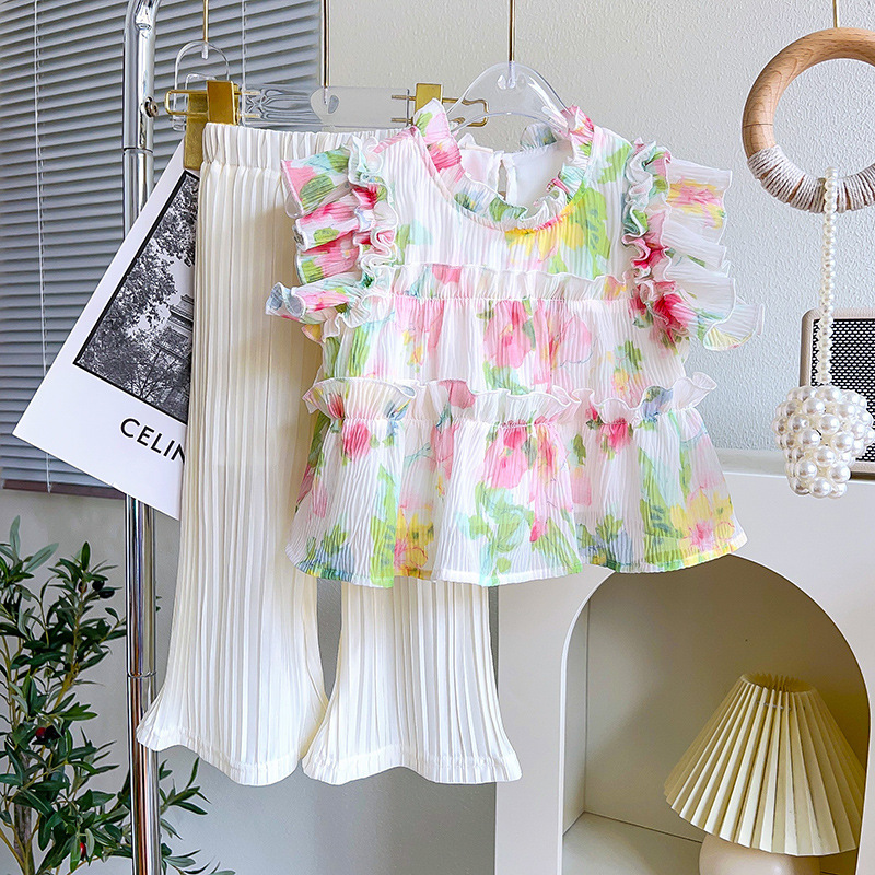 Girls' Summer Outfit Floral Shirt Top Sleeveless Doll Shirt Stylish Long Pants Two-Piece Set Tx1389