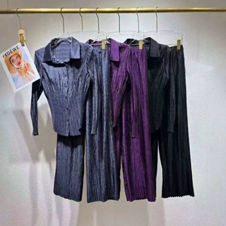 高端女士秋通勤两件套收腰显瘦衬衫上衣垂感阔腿长裤三宅时尚套装