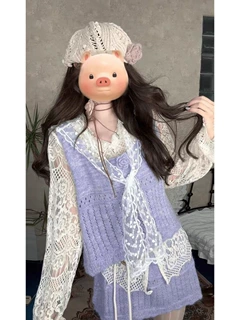 紫色洋气套装气质裙减龄女新款绝美秋季时尚针织背心棉涤混纺镂空