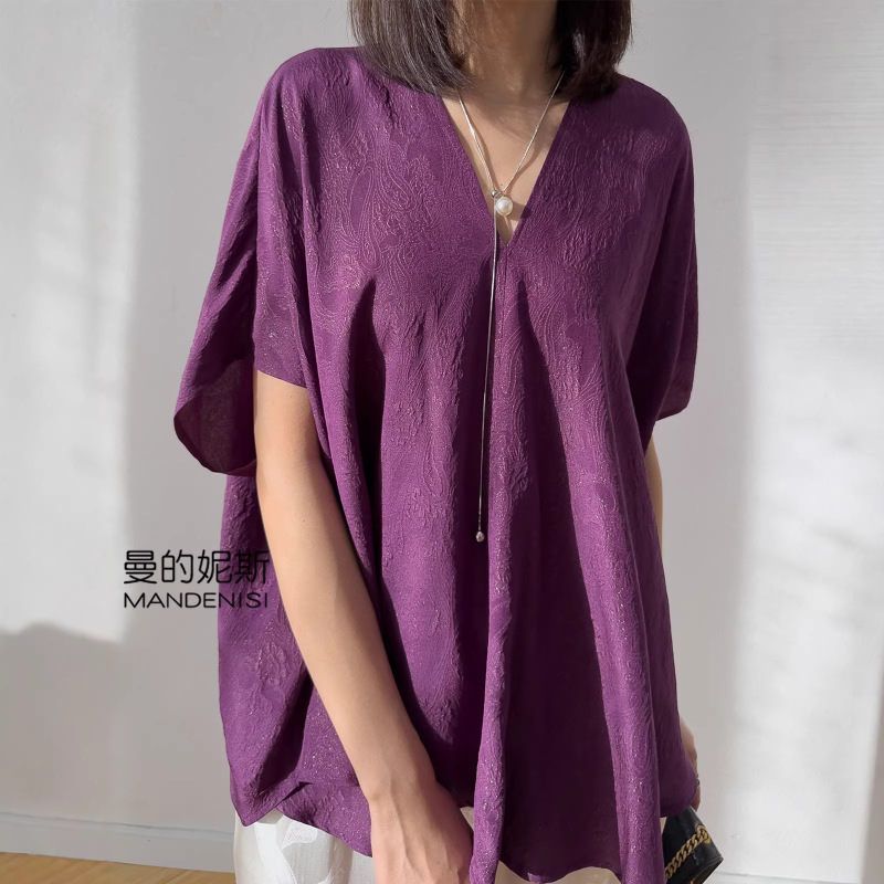 Sparkling! Luxurious! Purple-Red Three-Dimensional Jacquard Silk V-Neck Batwing Sleeve Loose Oversized Flowy T-Shirt