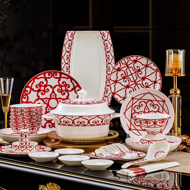 Bone China Chinese Red Series Western Dinner Plate Rice Bowl Soup Plate Household 38-Piece Tableware Set Ceramic Creative Chinese Knot Pattern