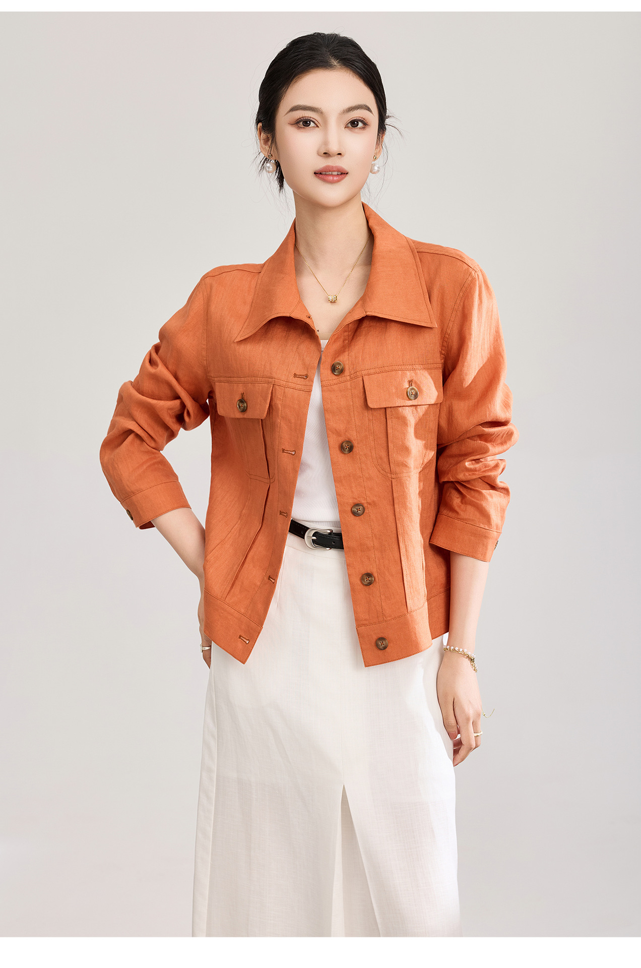 Áo sơ mi nữ linen phong cách Old Money hai túi xếp ly kiểu công nhân — màu cam chi tiết 24