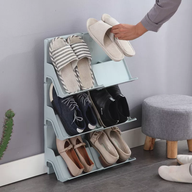 Stackable plastic shoe rack, modular 3‑tier 25×18.5×22 cm, space‑saving under‑table/door storage