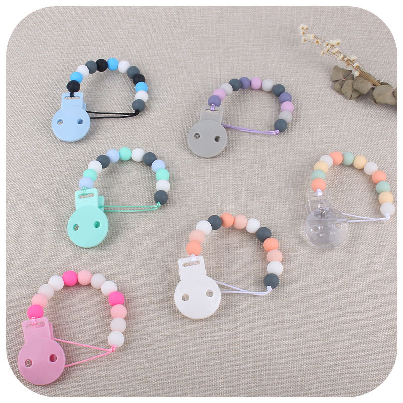Amazon nuevo bebé suministros bebé calmante cuentas de silicona pezón cadena anti-caída bebé Juguete plástico chupete clip